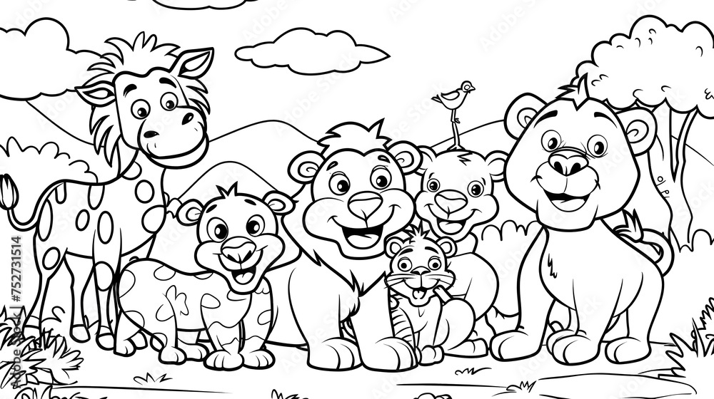 cartoon safari animals group coloring page