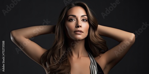 Radiating poise and elegance, a stunning woman confidently poses in a modern dress, her presence commanding attention