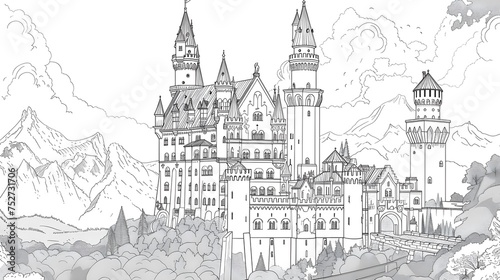 Coloring book page of the great castle for kids and adults photo