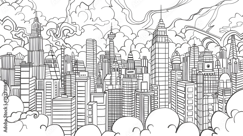 colouring book page for adult and children with cloudy cityscape 