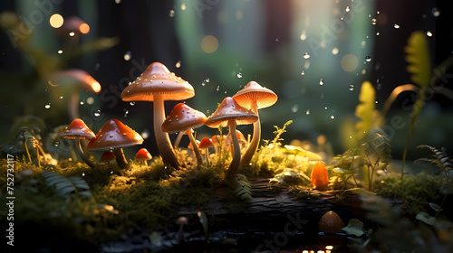 Small mushrooms growing on tree trunks with wet moss and fallen leaves