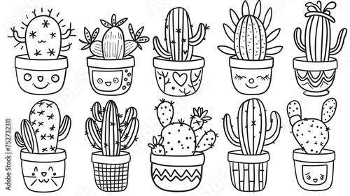Cute kawaii set of cactus in flowerpots. Coloring page. Hand drawn doodle plants. Cartoon cactus for coloring book.