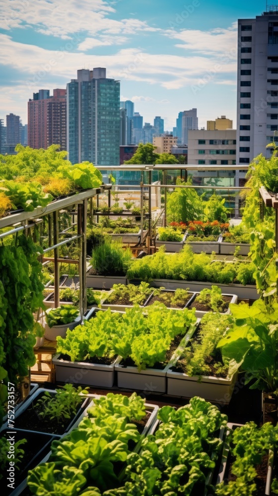 Fototapeta premium A green vegetable garden in a communal roof garden against the background of the City on a sunny day. Harvest, Agriculture, Farming concepts.