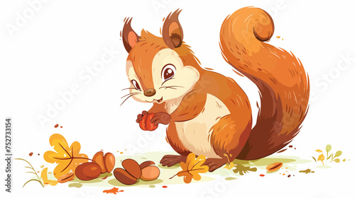 The cute squirrel gathering chestnuts freehand drawing