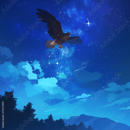 美しい星空を飛ぶ鷹