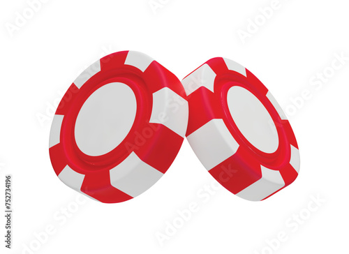 Pair of 3D red and white rotating casino chips. Casino, gambling game, betting symbols. Online gambling token for slot, poker, roulette, blackjack tools three dimensional vector illustration