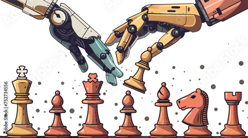 Vector of a robot and human hand playing chess game.
