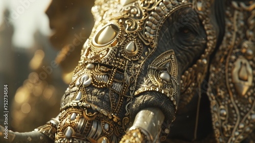 The intricate designs on the elephants armor reflect the grandeur and sophistication of the Mauryan Empire.
