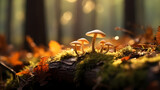 Small mushrooms growing on tree trunks with wet moss and fallen leaves