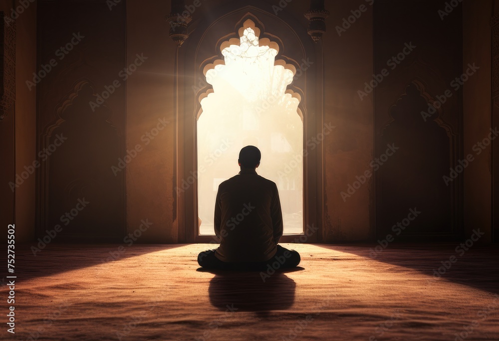 Islamic religion banner template. A Muslim man is facing the sunset and praying namaz or salah Islamic religion banner template. A Muslim man is facing the sunset and praying namaz or salah