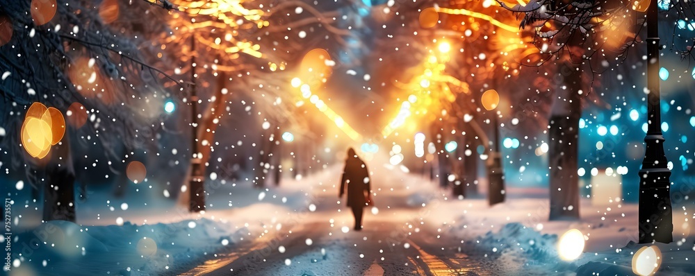 City lights reflect on fresh snowfall as a person walks along a snowy street at night creating a magical urban winter scene. Concept Winter wonderland, Urban beauty, Snowy night, City lights