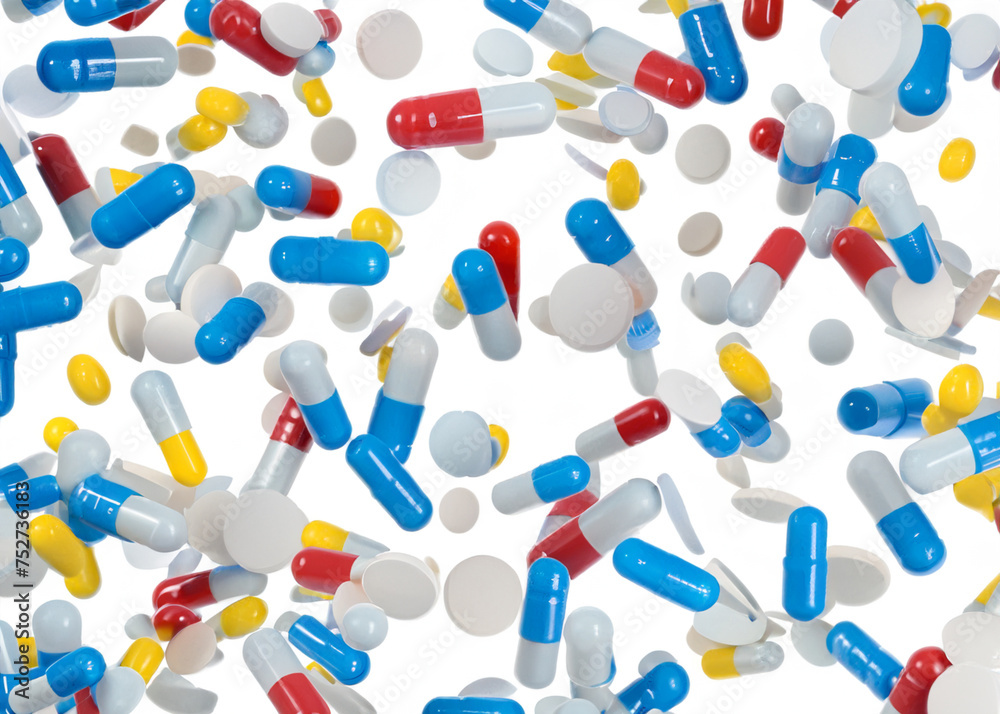 pills falling down, trendy levitation illustration created with generative ai technology. High quality illustration pills falling down, trendy levitation illustration created with generative ai technology. High quality illustration