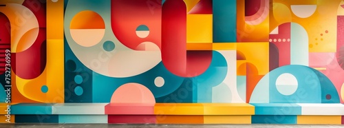 Modern abstract mural with fluid shapes and bright colors adorning a building's exterior wall with doors.