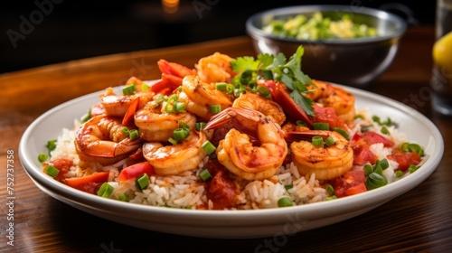 A plate of shrimp and rice featuring Cajun Jambalaya photo