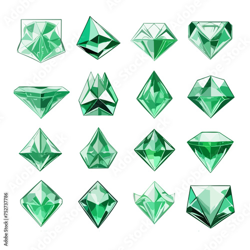 Set of realistic green jewels. Colorful gemstones. Green emeralds isolated on white background.