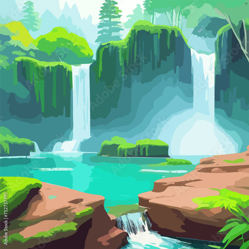 A tranquil, tropical oasis with lush greenery and a cascading waterfall into a turquoise lagoon. ideal for game backgrounds or book covers. cartoon ilustration