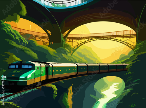 vintage train vector flat design landscape illustration banner.