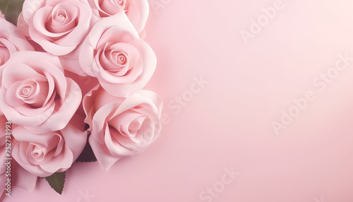 Pink roses are arranged in a row on a pink background