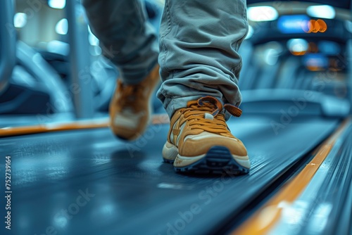 A man's oversized sweatpants become caught in the treadmill's moving belt, causing him to trip and stumble as he desperately tries to free himself. photo