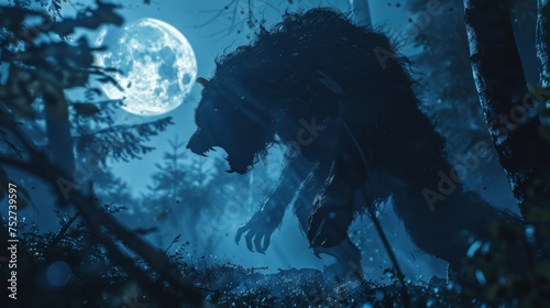 A ferocious werewolf in its halfhuman halfbeast form howls at the full moon as it prepares to pounce on an unsuspecting warrior in the dark and eerie woods. photo