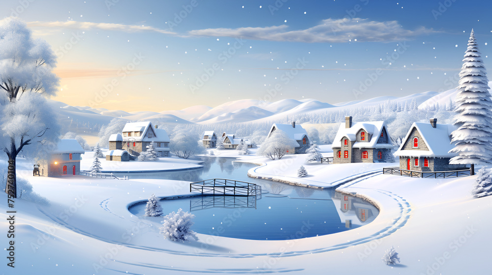Winter Splendor of a Sky Resort City Harmoniously Embraced by Snowy Peaks and a Central Water Lake
