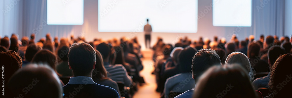 Image from behind of an audience member watching a person giving a speech on stage in a large venue. - obrazy, fototapety, plakaty 