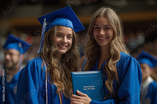 Two delighted female graduates, adorned in blue gowns and caps, gleefully hold their diplomas, celebrating their academic journey together