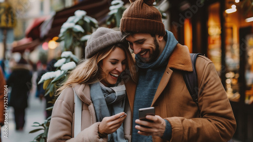 Couple in winter clothes using mobile phone on the street of the city