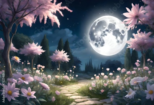 An ethereal moon garden scene, featuring night-blooming flowers under a full moon. Digital art © Muhammad Faizan