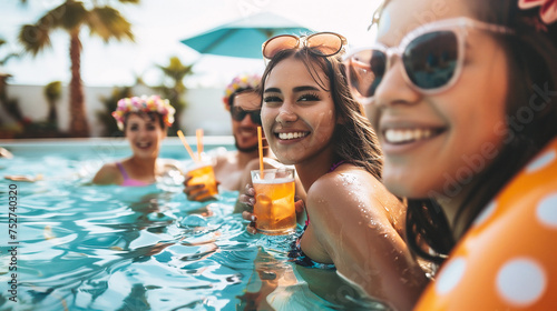 Group of friends having fun in swimming pool and drinking cocktails at resort