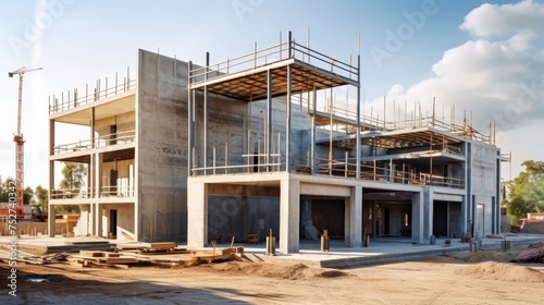 Modern concrete and steel building construction site 