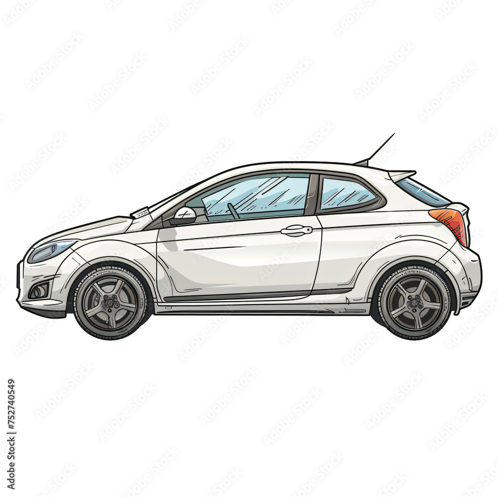 Modern white sports hatchback car illustration isolated on on transparent background PNG. Dynamic city car concept for automotive advertising, wallpaper, and transport design.