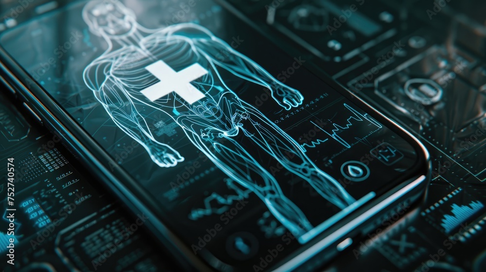 Medical first aid application technology, screen demonstrates body and heart rate on digital screen, Ai generated for ads Medical first aid application technology, screen demonstrates body and heart rate on digital screen, Ai generated for ads