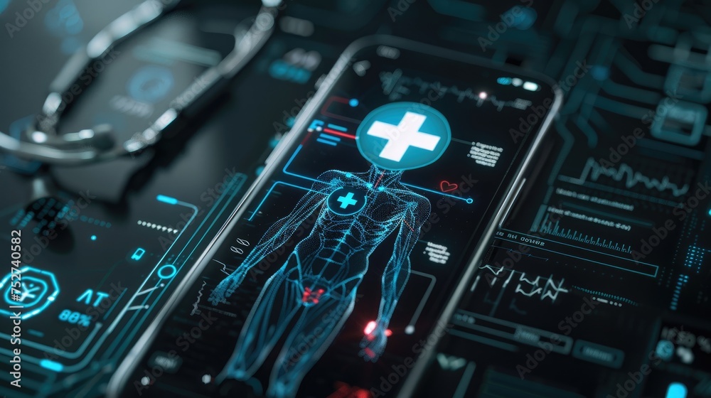 Fototapeta premium Medical first aid application technology, screen demonstrates body and heart rate on digital screen, Ai generated for ads