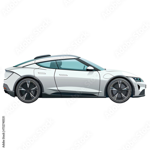 Sleek silver electric coupe car illustration isolated on on transparent background PNG. Futuristic vehicle design concept for eco-friendly transportation advertising, poster, and print.