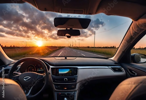 Beautiful view from driver luxury car seat. Evening sunset panorama from car window. AI generated © Muhammad Faizan