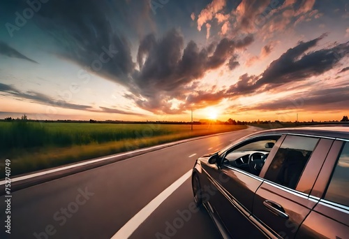 Beautiful view from driver luxury car seat. Evening sunset panorama from car window. AI generated © Muhammad Faizan
