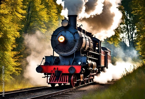 An old steam train in a motion. Digital art