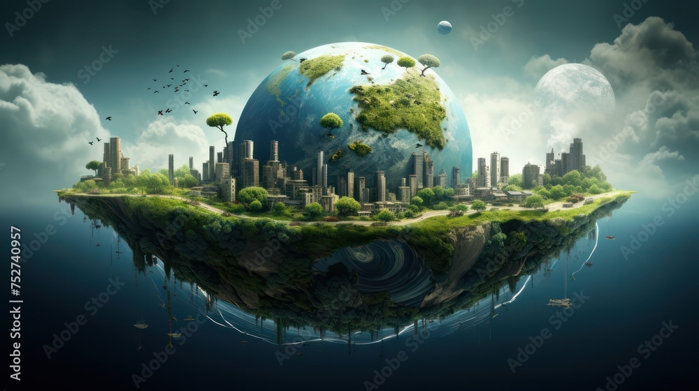 Illustration of saving the earth from global warming, with a background of tall buildings, roads and cloudy blue skies. - obrazy, fototapety, plakaty 