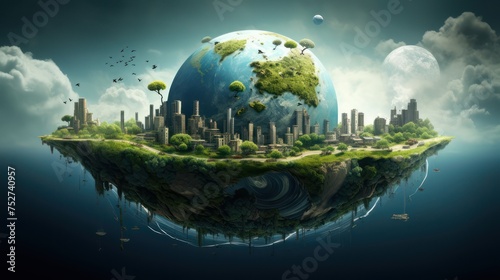 Illustration of saving the earth from global warming, with a background of tall buildings, roads and cloudy blue skies.