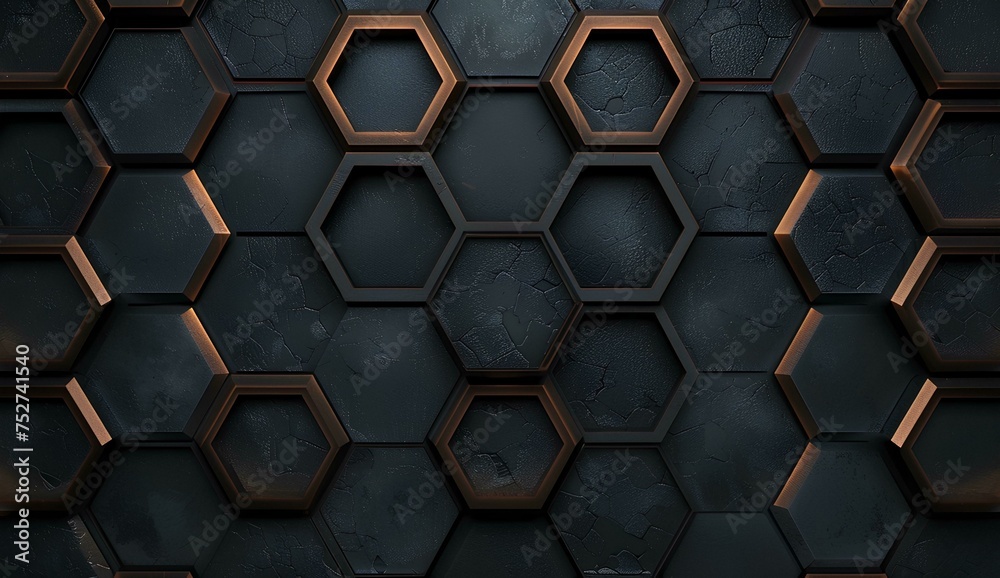 Luxury abstract geometric background made of black and gold hexagons or honeycomb with glowing for Wallpaper, Banner, Background, Card, Book Illustration, landing page - obrazy, fototapety, plakaty 
