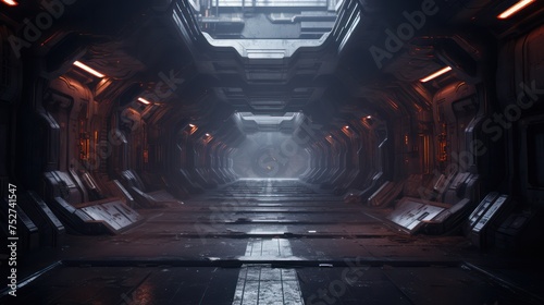 Fototapeta Naklejka Na Ścianę i Meble -  Illustration of a space station hallway in a science fiction world, with red lights and misty white rays.
