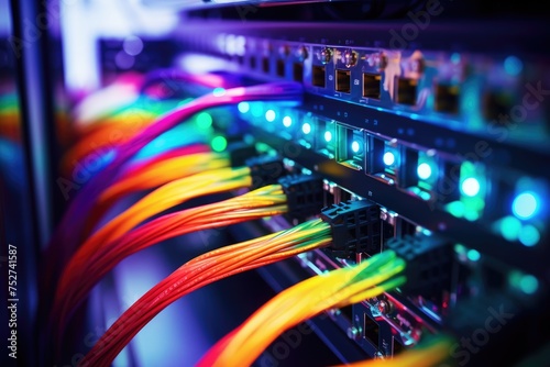 Fiber Optic cables connected to optic ports in the data center, close-up of network cables connected to an internet hub, Connection of optical fiber cable technology background, Ai generated