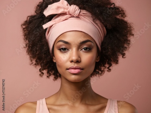 Close-up of a charming woman with curly hair and headband, smiling gently on a pink background
