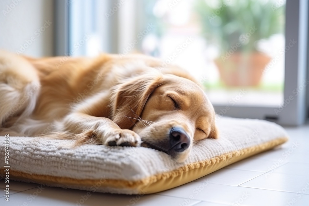 A golden retriever sleeps peacefully on a cozy dog bed indoors.