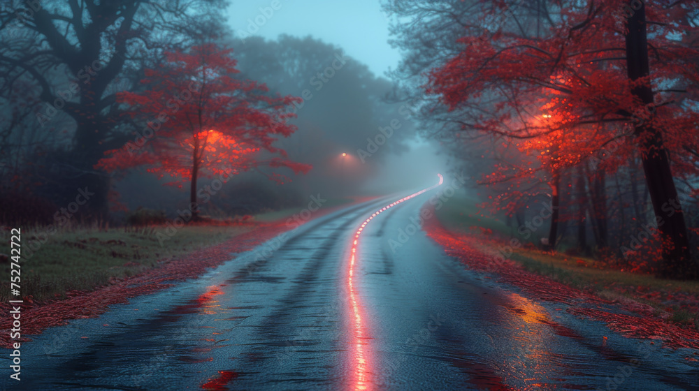 An empty illuminated country asphalt road through the trees and village in a fog on a rainy autumn day, street lanterns close-up, red light. Road trip, transportation, communications, driving.