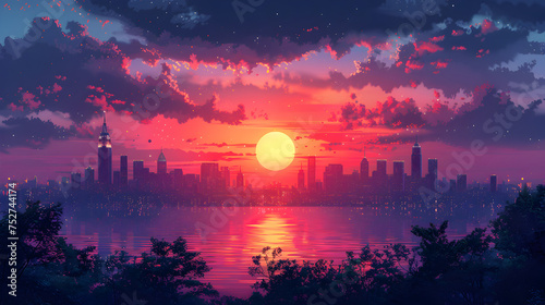 Mountain sunset and forest sunset  with moonlit landscape  under orange evening sky with red and blue hues  amid city lights and silhouettes
