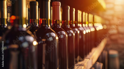 Row of Wine Bottles on Wood Shelf photo