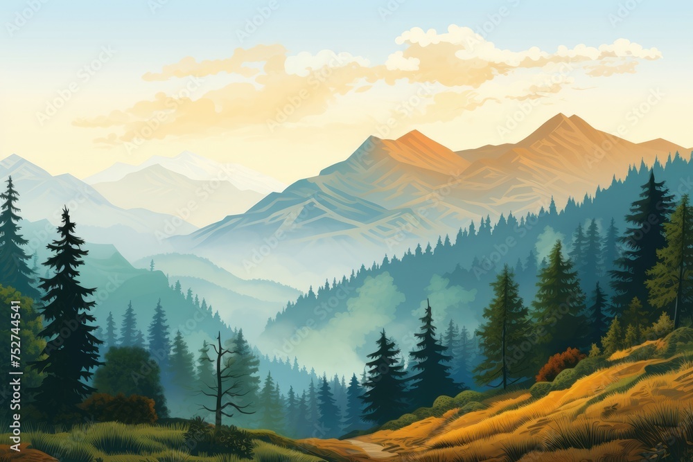 Fototapeta premium Foggy morning in the mountains. Landscape with coniferous forest and mountains, Photo realistic illustration of mountains forest fog morning mystic, Ai generated