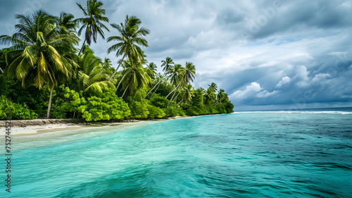 tropical beach view at cloudy stormy day with white sand  turquoise water and palm trees. Neural network generated image. Not based on any actual scene or pattern.